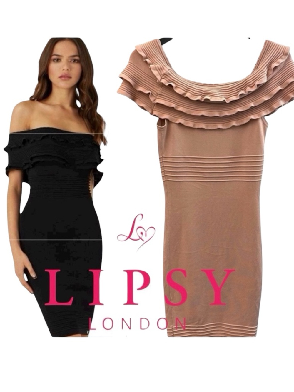 Lipsy London Rose Pink Bardot Off Shoulder Ruffle Bodycon Midi Dress (6)